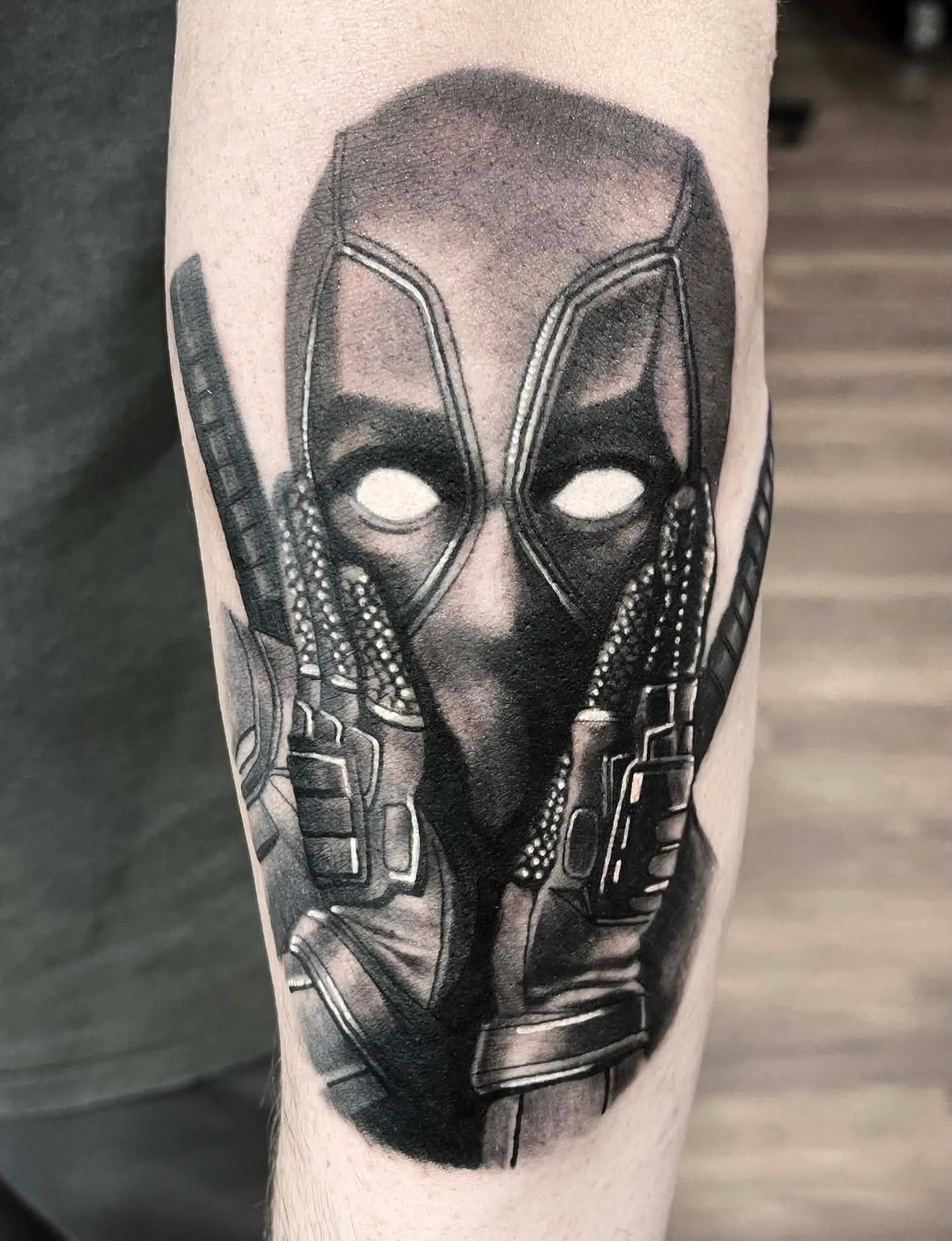 Black and grey Deadpool tattoo with katanas by Crouchy