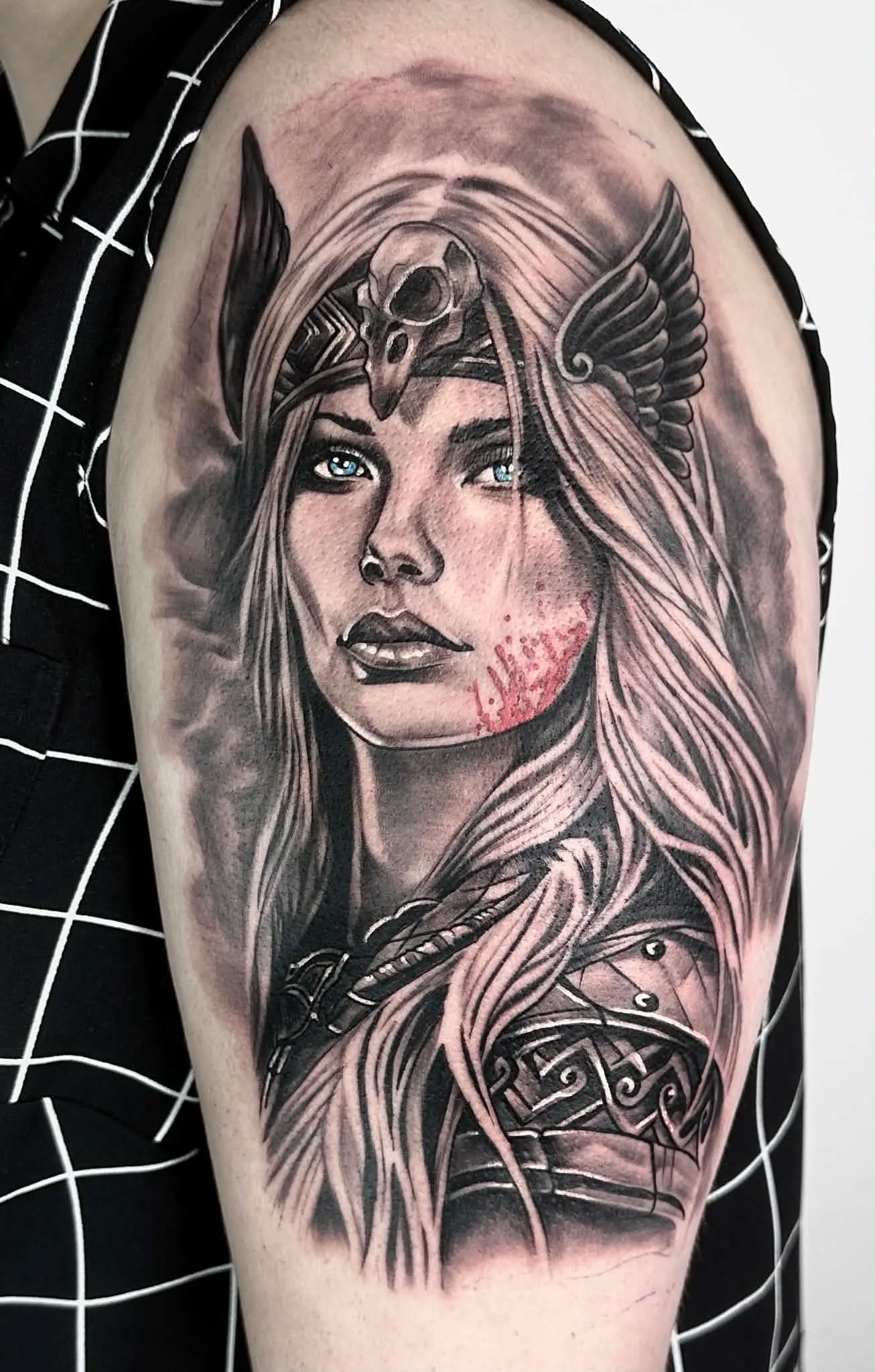 Black and grey valkyrie warrior tattoo by Crouchy